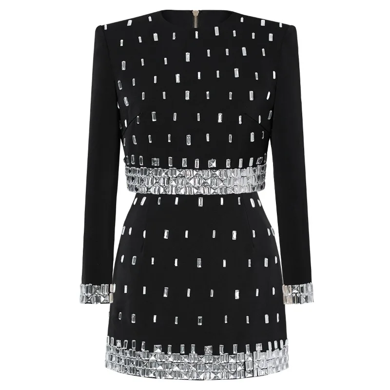 Customized High Quality Spot Women's Fashionable Handmade Nail Bead Commuting Top+hip Hugging Half Skirt Set