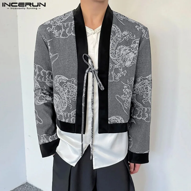 

INCERUN Men Coats Long Sleeve Open Front Lace Up Vintage Ethnic Chinese Style Jackets Dragon Printed Contrast Color Cropped Coat