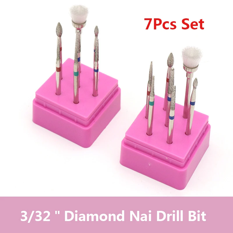 

7Pcs Set 3/32" Nail Drill Bit Diamond Rotary Burr Cutter Manicure Grinding Head 2.35mm Shank