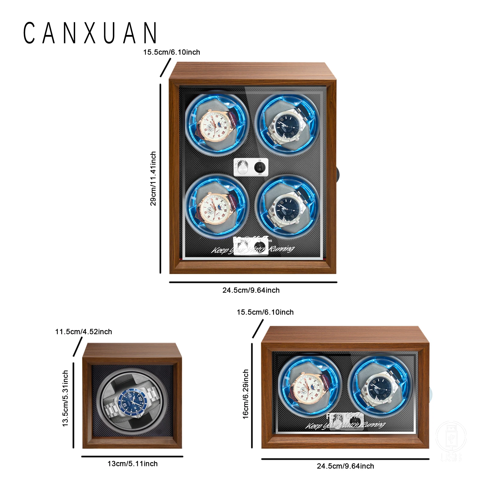 1pc automatic watch winder Wood grain pattern LED lights and lid opening stop USB power supply Suitable for various watches