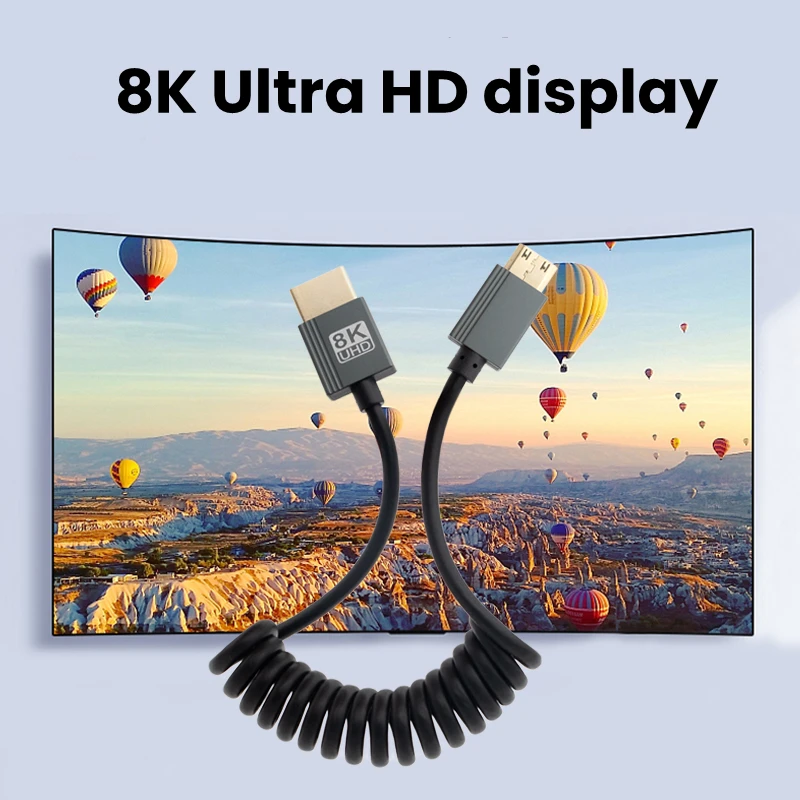 Portable Lightweight 8K UHD Cable Mini-HD Micro-HD Stretch Spring Curl Flexible HD2.1 Cord for PC Tablet Camera Monitor HDTV