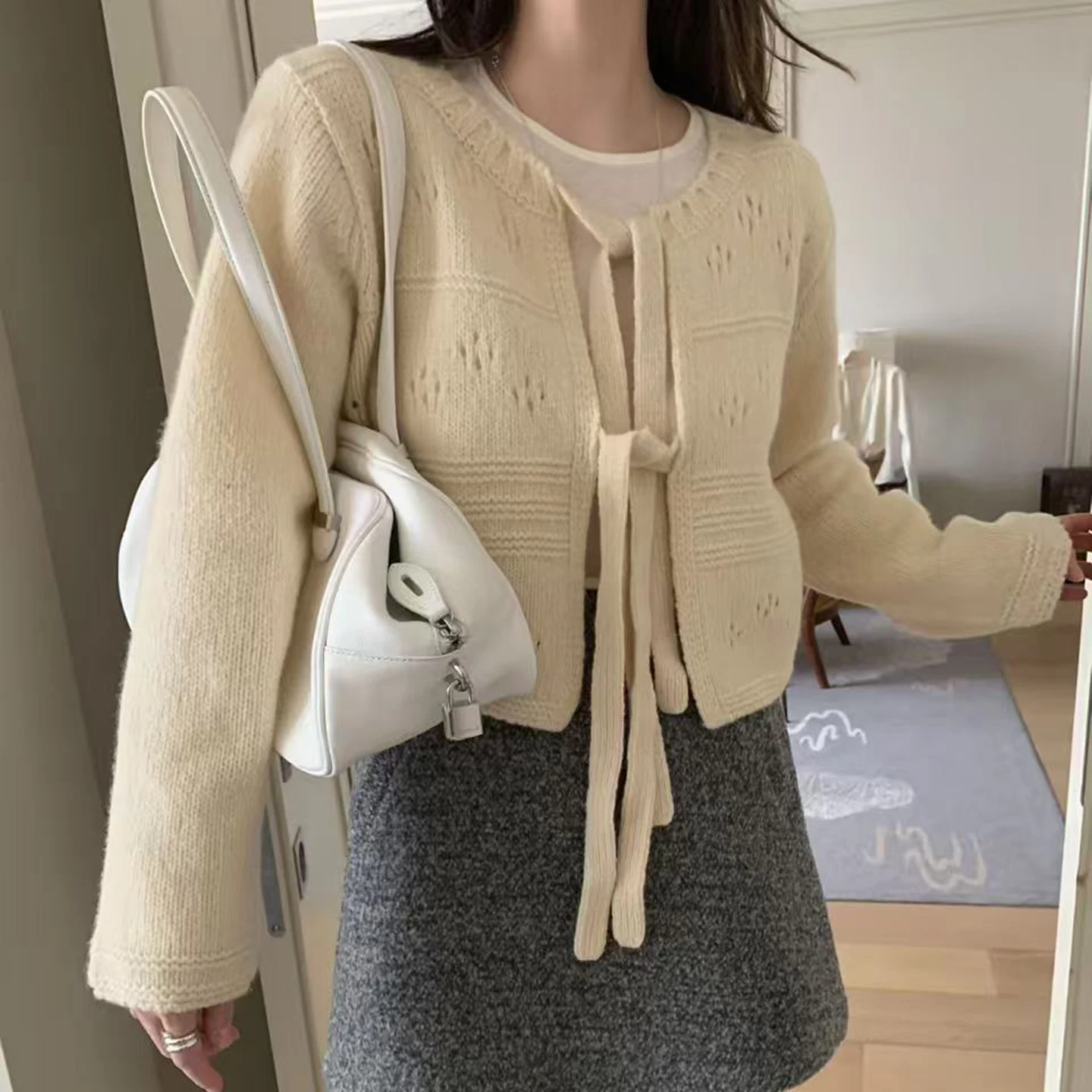 

Шикарный винтажный вязаный кардиган Long Sve с узлом и поясом Ele Sle Commute Faion, корейская версия, женский...