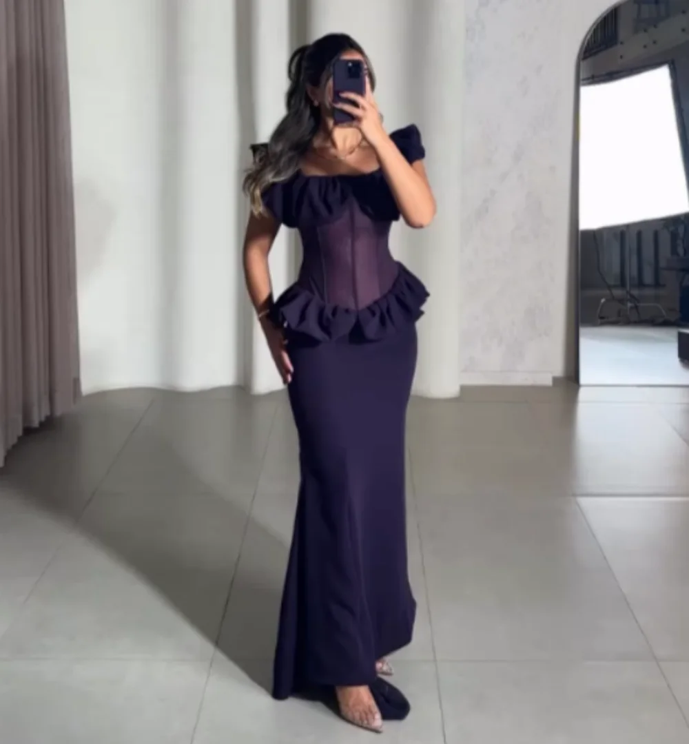 Customized Jersey Pleat Charming Violet Off-the-shoulder Trumpet Long Dresses Bespoke Occasion Evening Dress Elegant Party