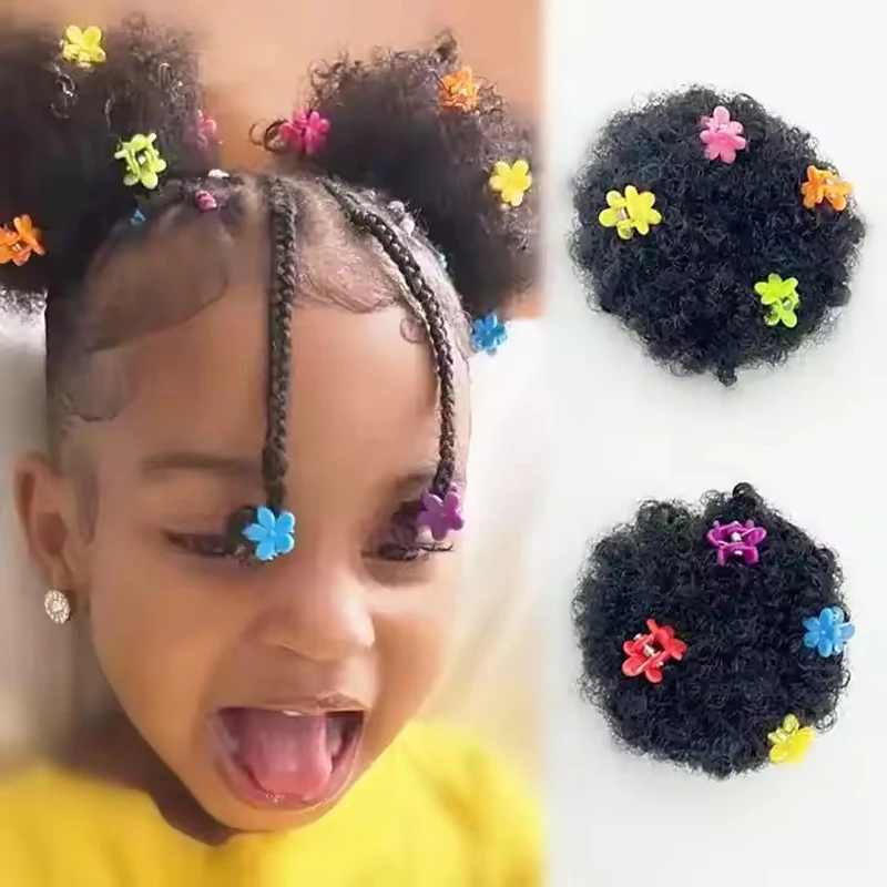 two pieces in one pack marley kinky hair buns afro puff with elastic and flower clips for girl kids