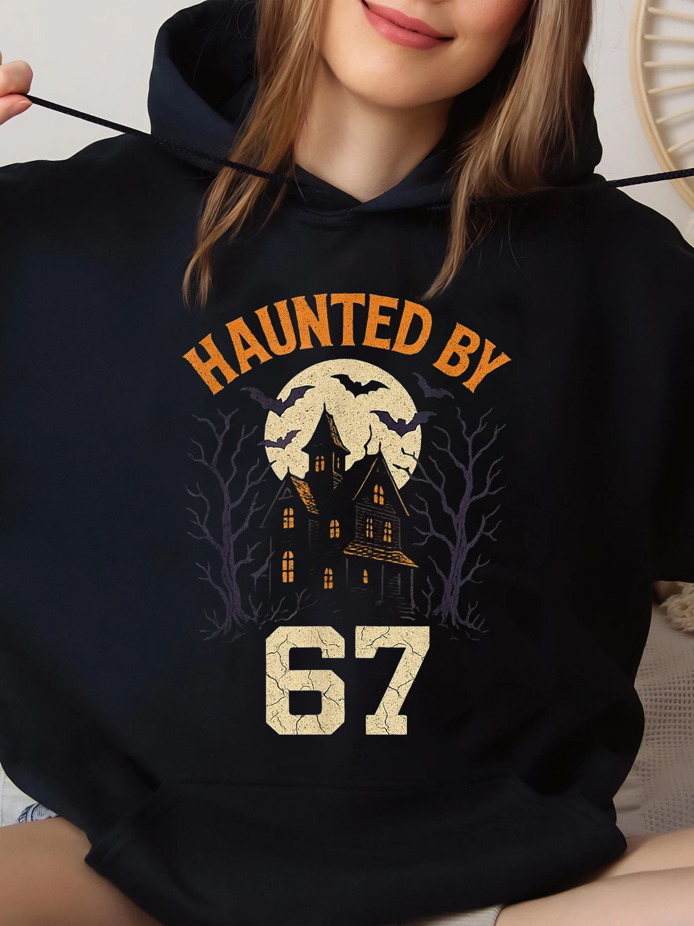 Haunted House 67 Sudadera con capucha estampada de Halloween para mujer, ropa de fiesta, color negro, talla grande, tallas grandes