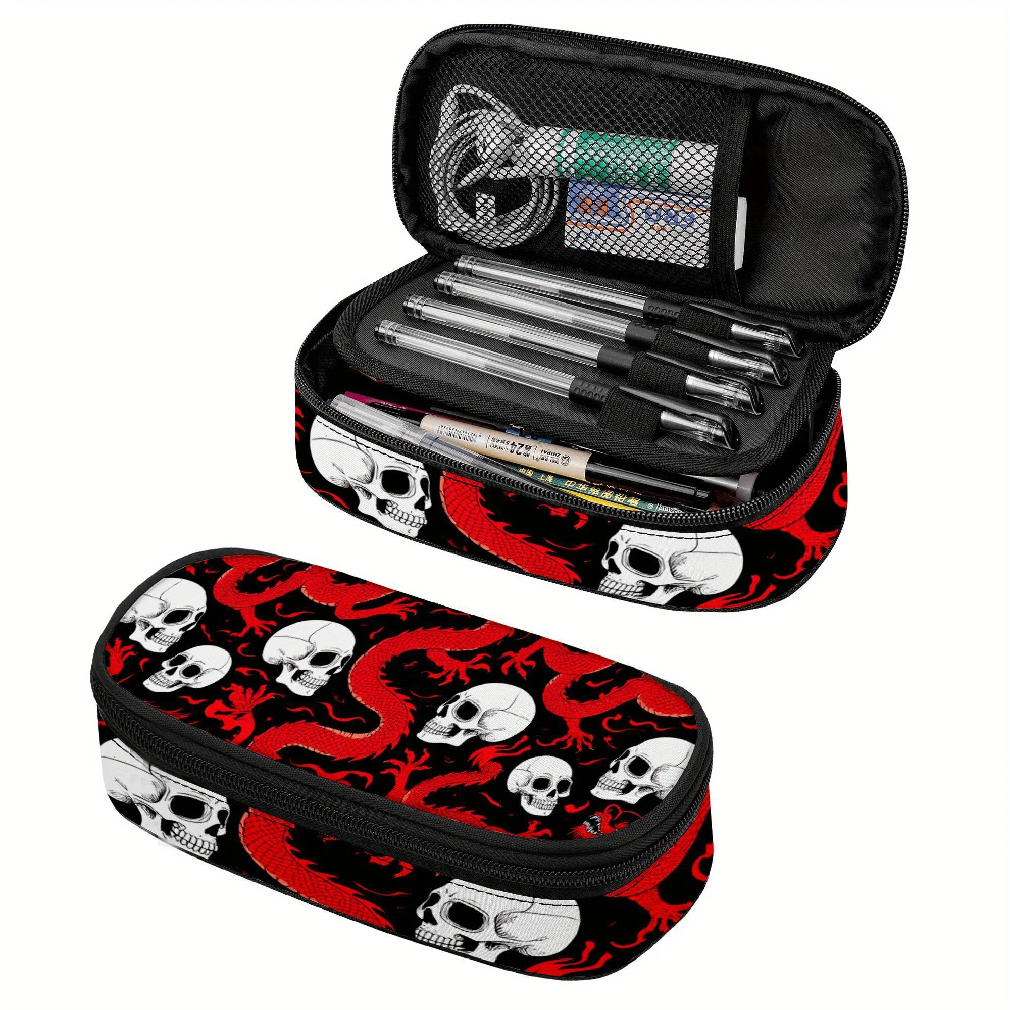 Pencil Case Featuring a Dragon Skull, Red Dragon Pouch, And a Skull Dragon Bag with a Zipper Compartment