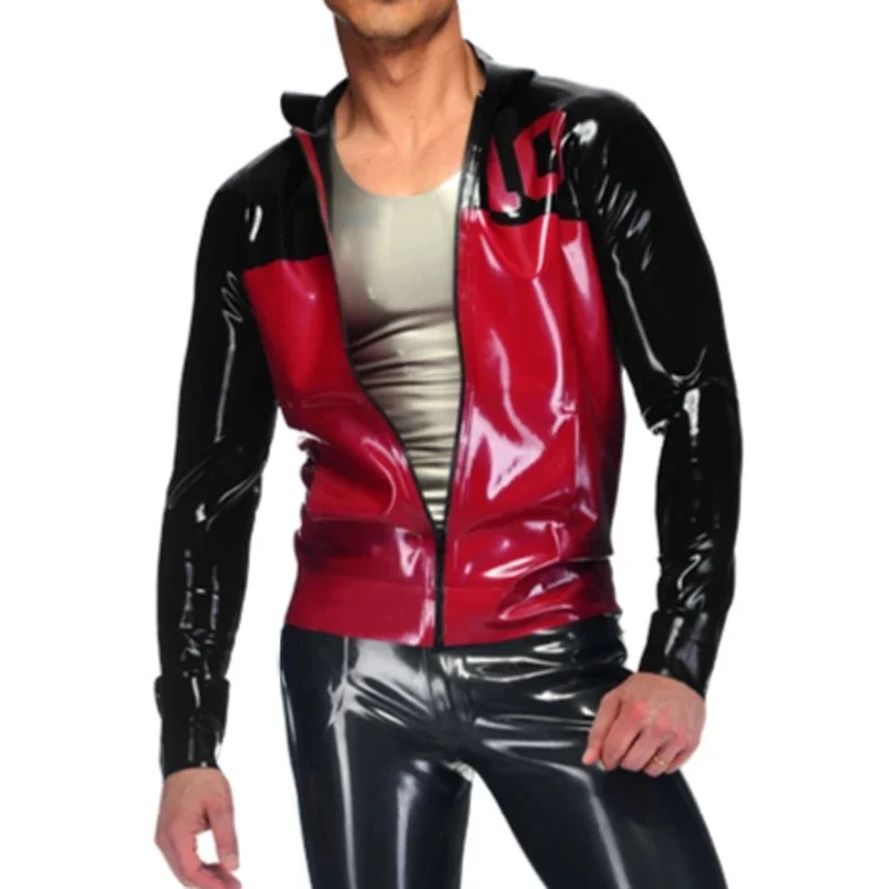 Latex Coat สีดําและสีแดง Lat เสื้อแจ็คเก็ตซิป Hoodies Trims ยาง Coat Top เสื้อผ้า