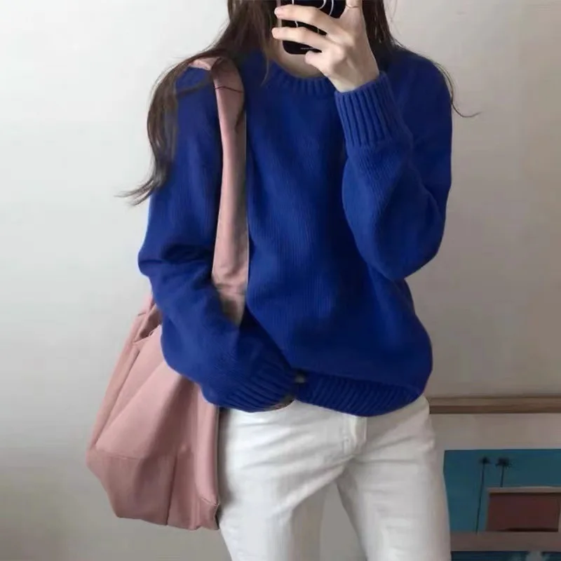 2026 Autumn and Winter New Solid Color Simple Fashion Casual Soft Loose Pullover Lazy Wind Bottoming Knitted Sweater Outer Wear