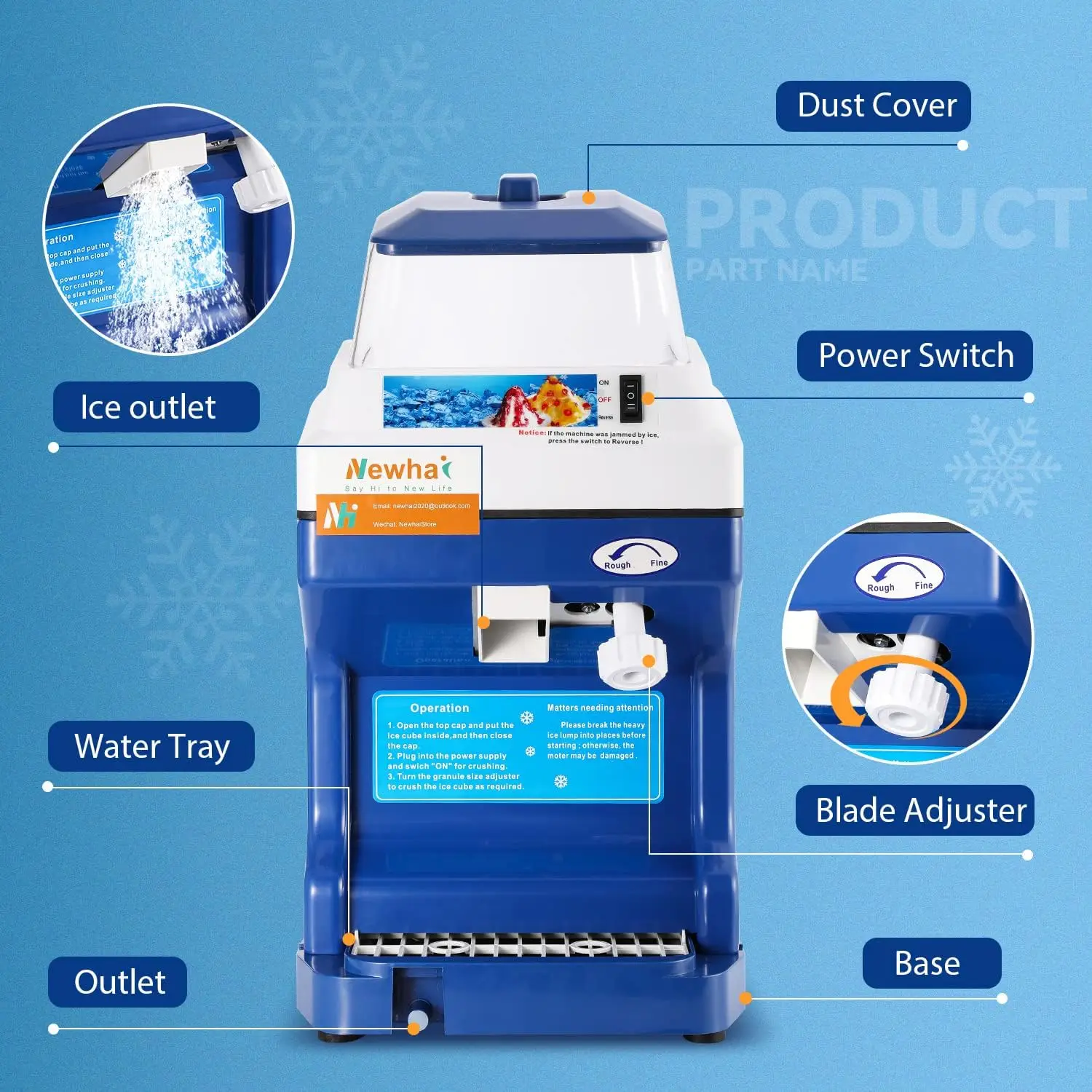 Commercial Ice Crusher Electric Shaved Ice Machine 300W Automatic Snow Cone Maker 1400RPM Thickness Adjustable 441 LBS/H Ice Sha