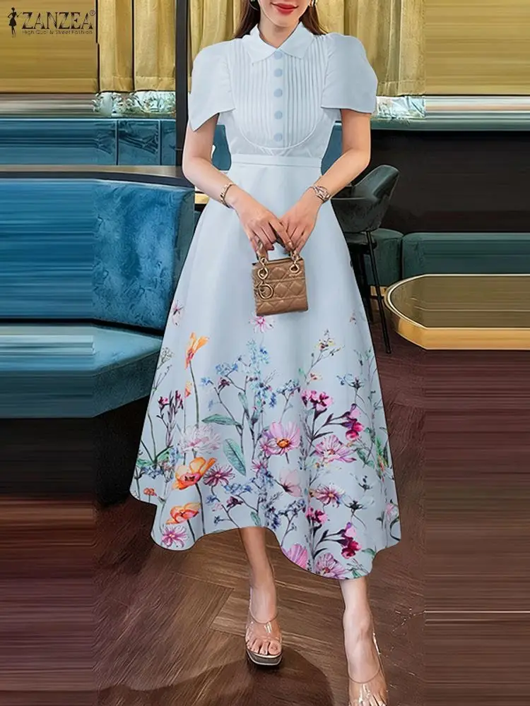Sukienka ZANZEA 2025, stylowa, z nadrukiem, elegancka sukienka biurowa damska, z kołnierzykiem, rękawami z mankietami, midi, z talią, w kształcie litery A, sukienka na imprezę, letnia sukienka.