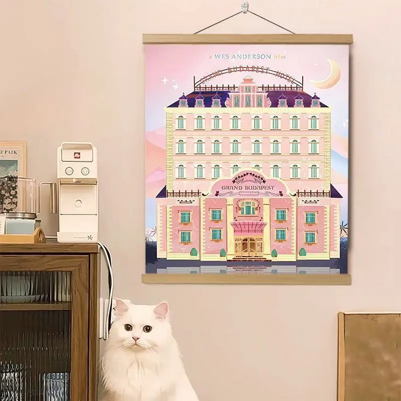 VIKAMA Wall Tapestry Pink Retro Hotel Building Illustration Moon Star Aesthetic Art Print Wall Hanging Home Decor Living Room