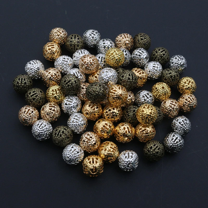 4/6/8/10mm Hollow Ball Flower Beads Metal Charms Gold Color  /Silver Plated Rhodium Filigree Spacer For Jewelry Making