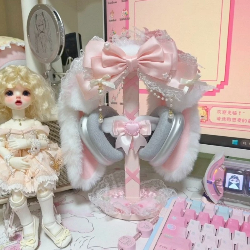 

Original Pink Bow Tie Earphone Holder Handmade Headphone Holder Custom Kawaii Desktop Accessory Cute Headset Bracket for Girls