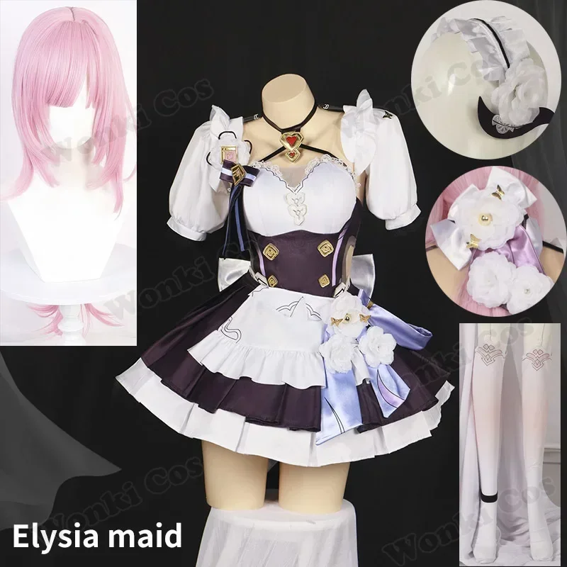 3 Elysia cosplay meidjurk pruik roze haar met kousen hoofddeksels Elysia sexy pak voor rollenspel dameskostuums