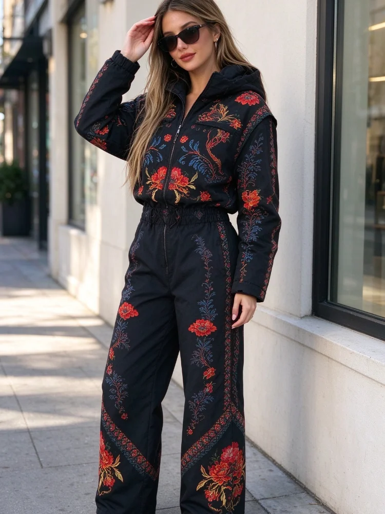 Women One Piece Ski Suit Vintage Floral Print Waterproof Windproof Insulated Snow Jumpsuit Winter Outdoor Snowboarding Overalls