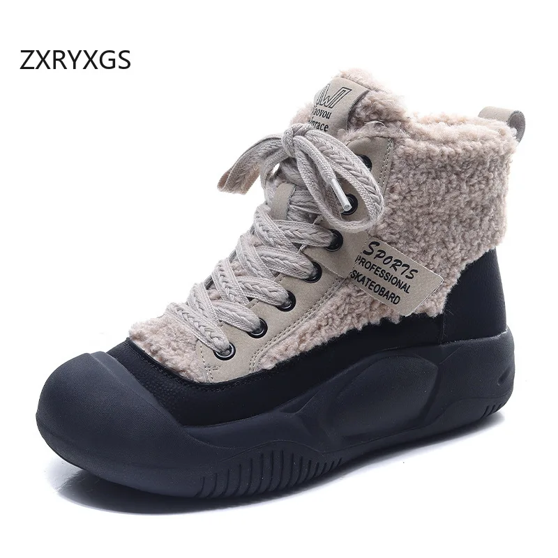 ZXRYXGS Top Cowhide Wool Boots Winter Sneakers Trendy Shoes 2025 New Lace-up Round Toe Platform Elevator Shoes Women Snow Boots