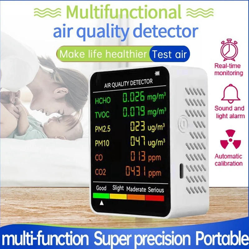 6 In 1 PM2.5 PM10 HCHO TVOC CO CO2 Air Quality Detector CO CO2 Formaldehyde Monitor Home Office Air Quality Tester