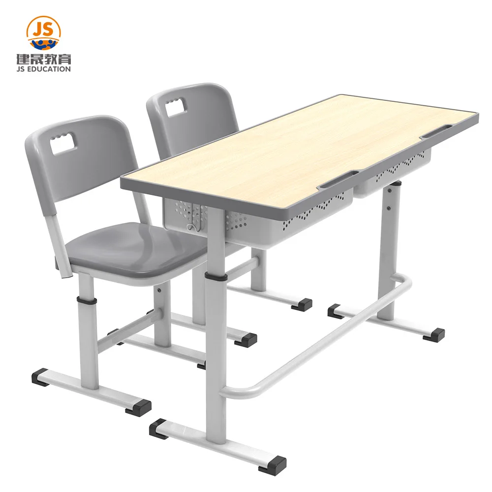 Double adjustable high school and college classrooms with wooden desks and chairs