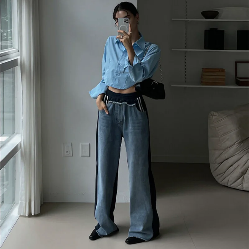 SuperAen Europe and America Style High Waist Patchwork Denim Pants Autumn New Vintage Blue Casual Wide-leg Pants