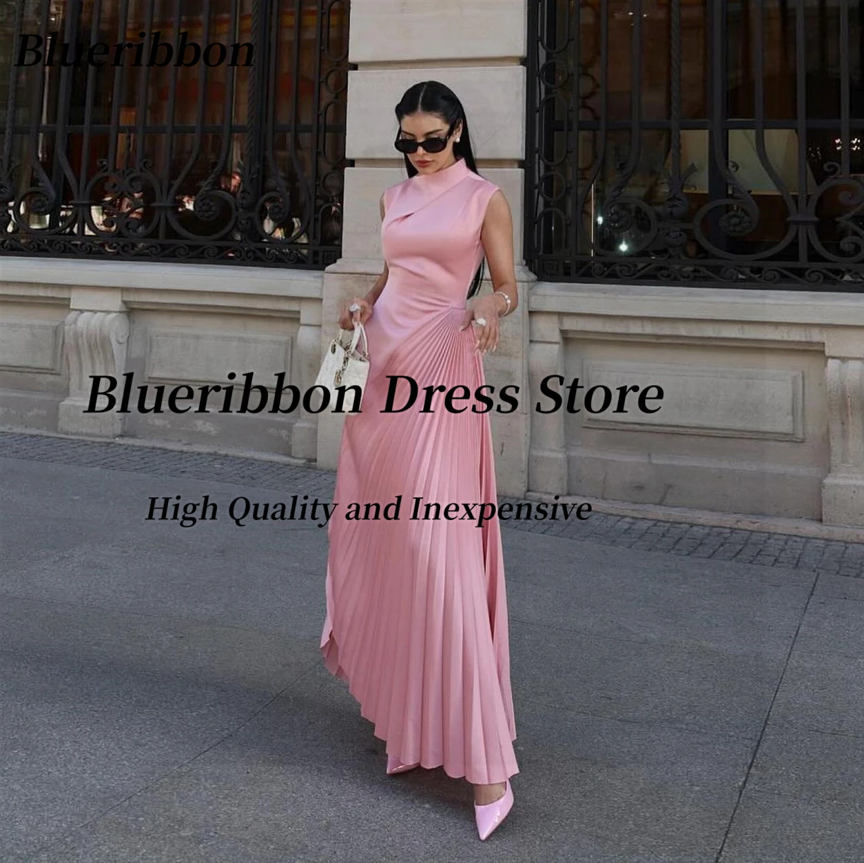 

Blueribbon High Collar Prom Dresses Sleeveless Pleats Long Elegant Women Wear Zipper Back Evening Party Special Banquet Gowns