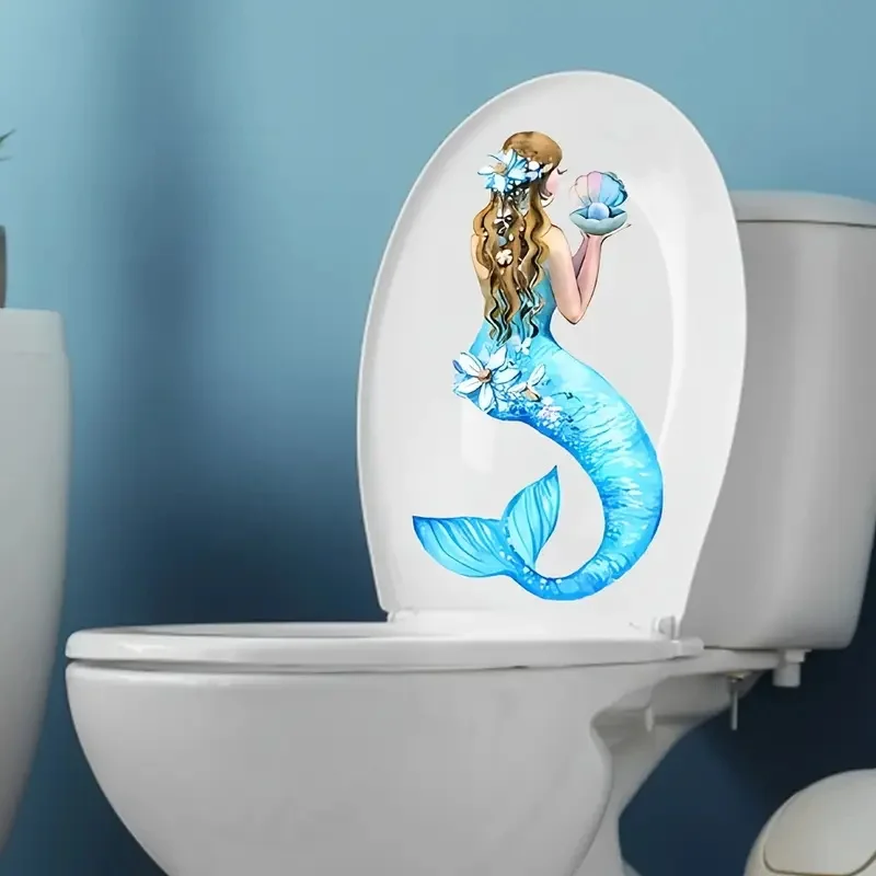 Blue Tail Mermaid Self-Adhesive Toilet Stickers,Wall Decal Removable, Reusable Vinyl Car Sticker for Toilet Lid, Bathroom Decor