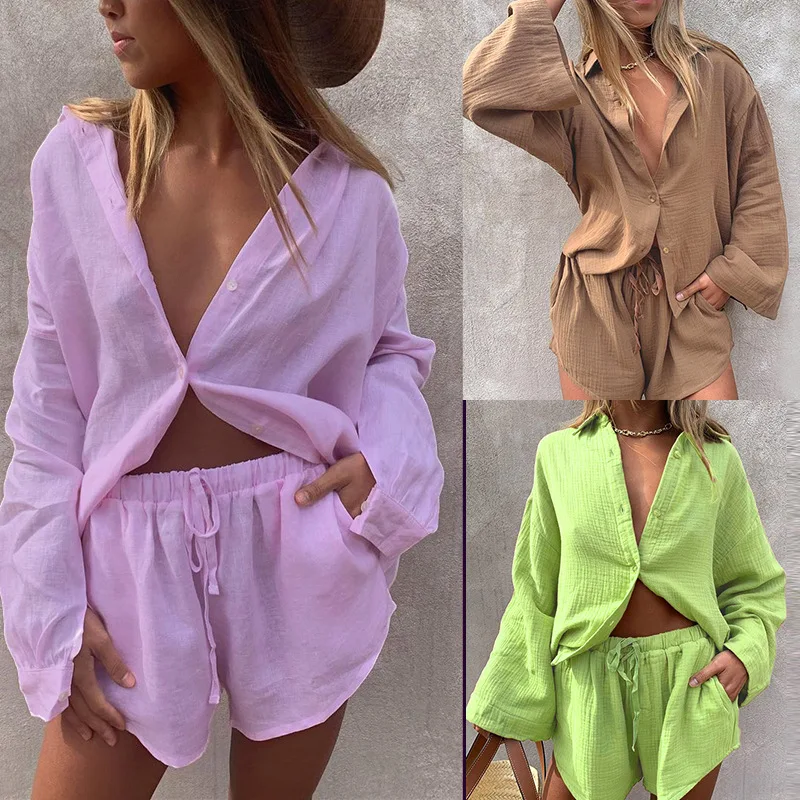

Spring And Summer Women's Fashionable Solid Color Long Sleeved Lapel Button Down Shirt Casual Pocket Shorts Two-piece Set