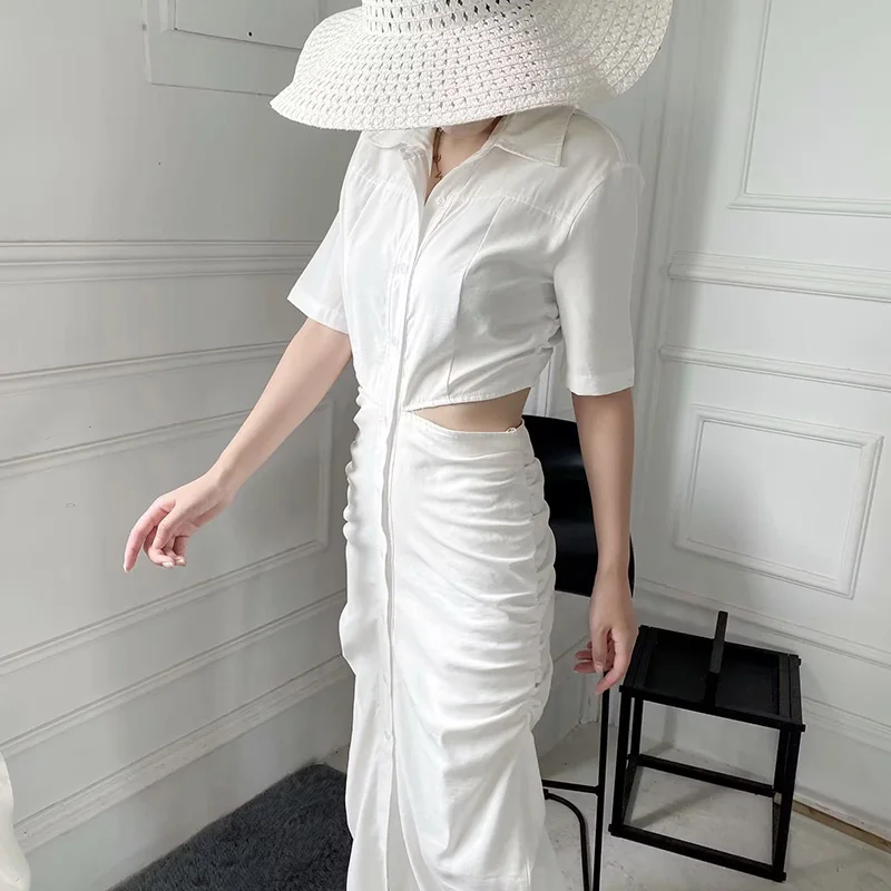 Dress For Women 2023 Autumn New Half Sleeve Solid Hollow Out Button Turn-down Collar Fashion Elegant Casual Loose Straight Dress