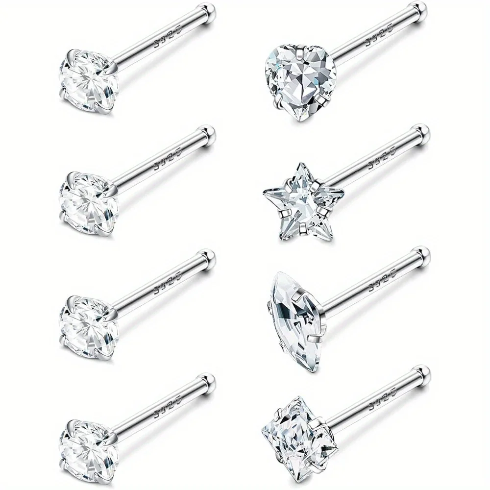 CASSIECA 1Pc Nose Studs for Women Men Star Marquise Heart Square Round Shaped CZ L Shape Piercing Jewelry