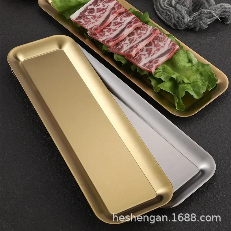 Korean Version of 304 Stainless Steel Rectangular Plate, 40cm Strip Plate, Thick Golden Sushi Plate, Barbecue Plate, Flat Plate