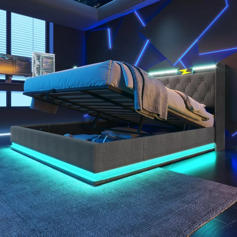 

Designs Upholstered King Size Bed with Lift Up Storage & LED Lights, Hydraulic Storage Bed with USB Type-C Charging