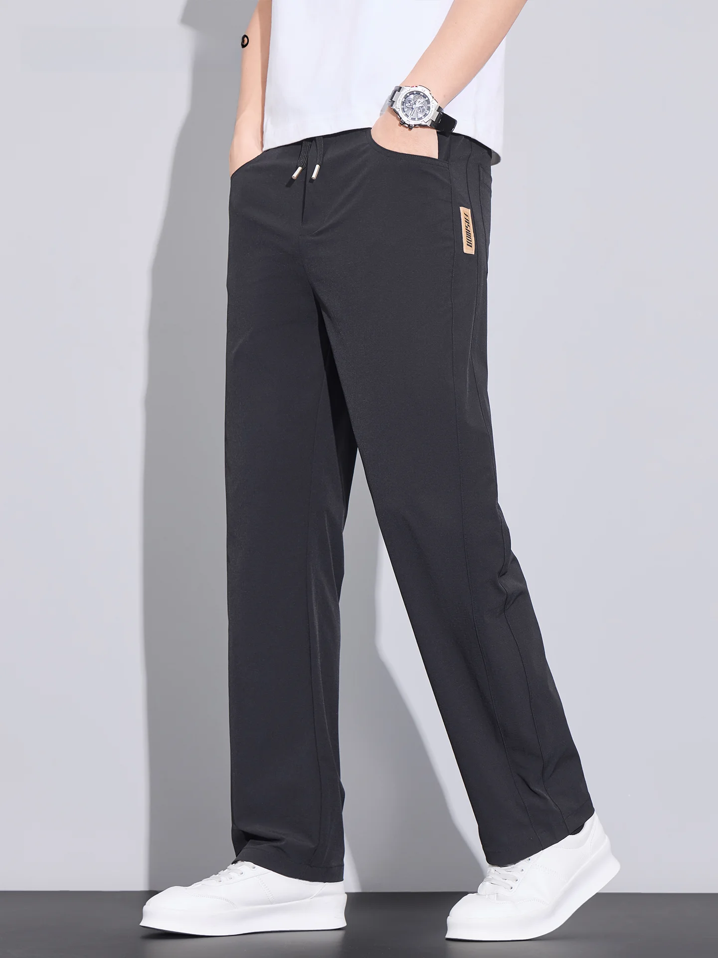 

Spring 2026 Men's Ice Silk Straight Leg Casual Sports Pants Qui Dry Comfortable Polyester Fiber mid Waist Elastic Joggers