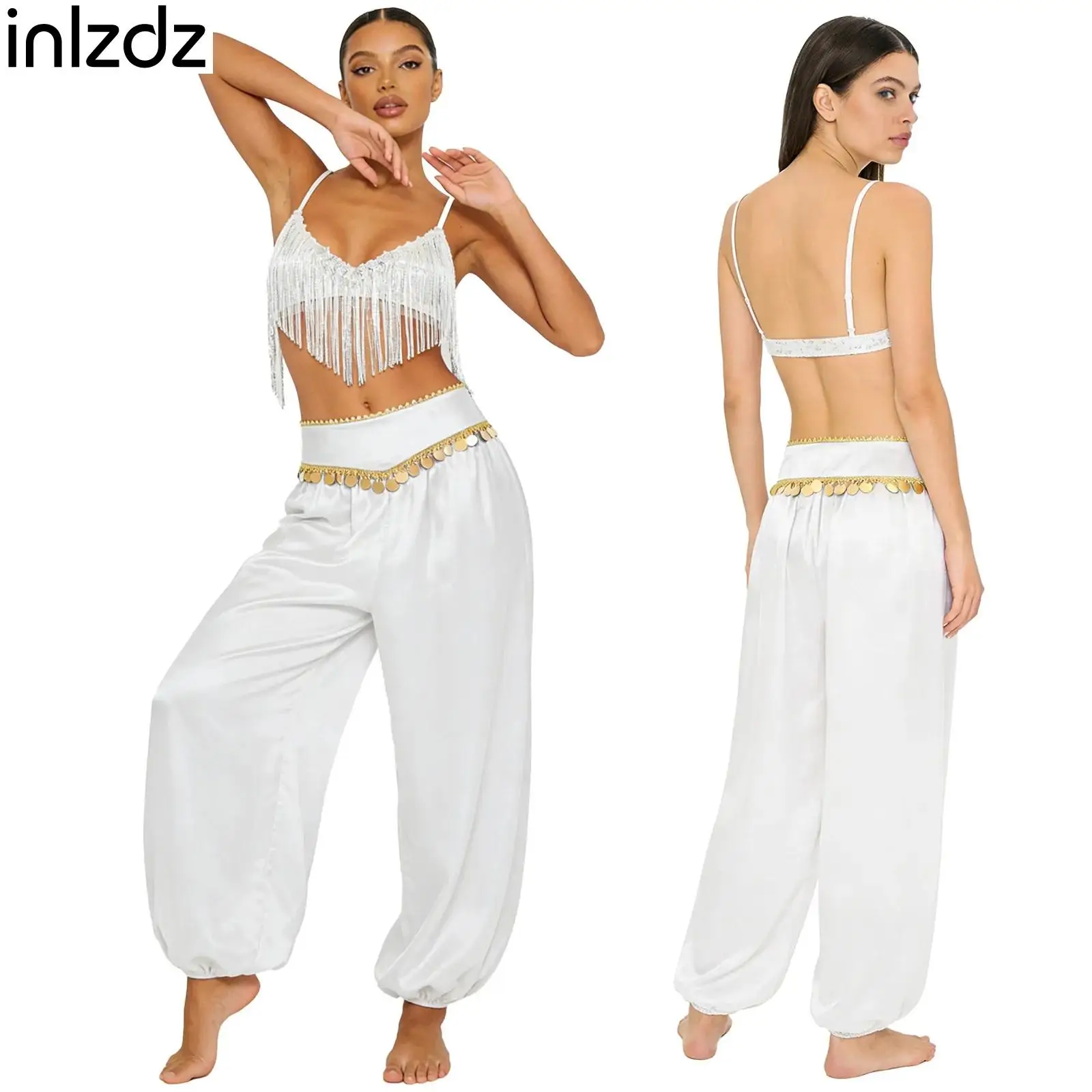 

Sequin Fringe Belly Modern Dance Set for Women No Pad Wireless Bra Top and Shiny Tassel Harem Baggy Pants for Halloween Party