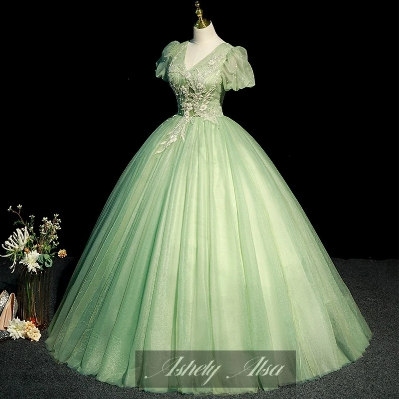 Ashely Alsa Lime Green Sweet 16 Robes pour Bal, Robe de Bal à Manches Courtes, Appliques Perlées, Robe de Soirée pour Occasions, Quinceanera Wear