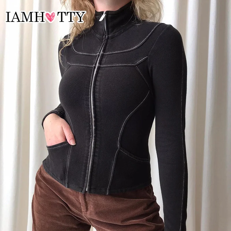 

IAMHOTTY Vintage Zipper Cardigan Brown Reverse Thread Turtleneck Jacket Chic Elegant Slim-fit Long Sleeve Coat Autumn Outerwear