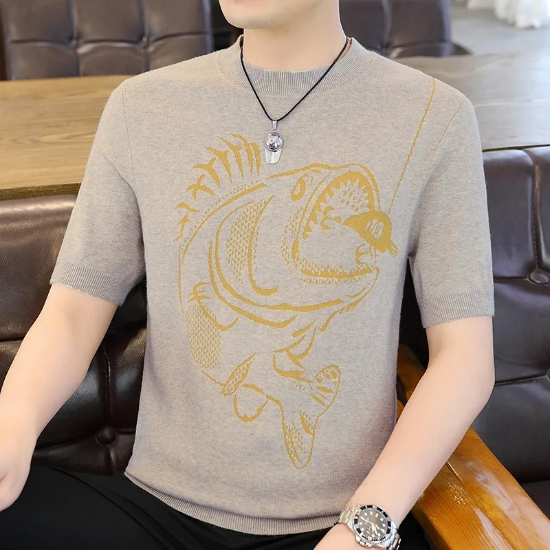 Light Luxury Pattern Jacquard O Neck Knit T Shirts Autumn Short Sleeve Korean Popular Retro Knitwear Pullover Social Streetwear image 3
