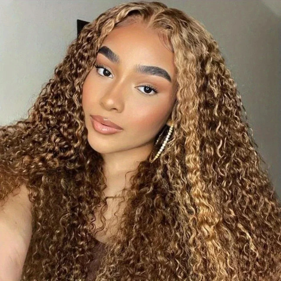 

Deep Wave Highlight13×4 Lace Front Wigs Human Hair 220Density Transparent HoneyBlond Pre Plucked Ombre Frontal Wig For Women4/27