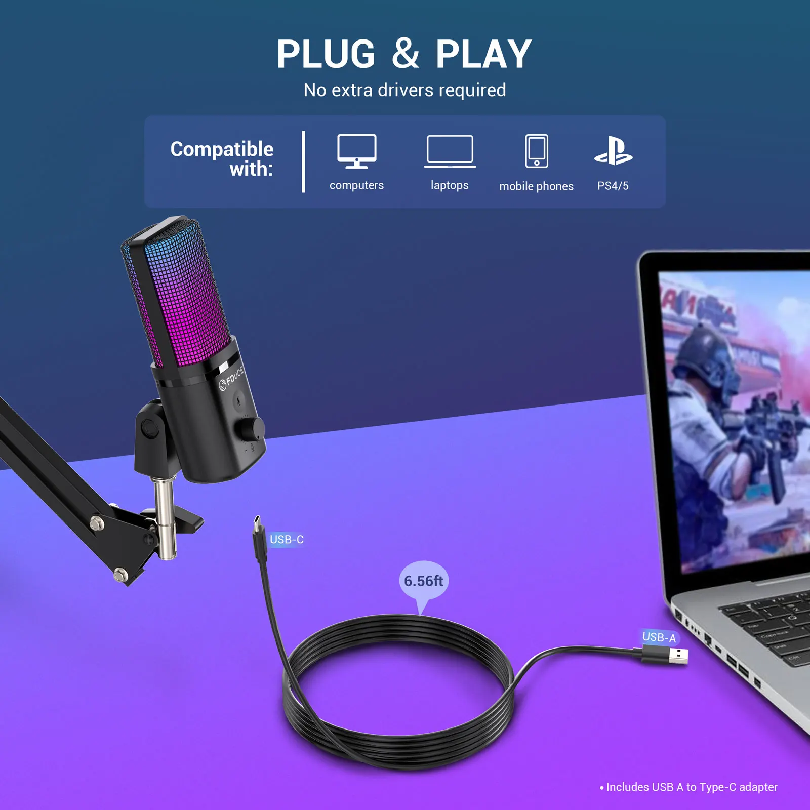 ميكروفون ألعاب USB FDUCE M160-RGB مع لون ديناميكي RGB، زر كتم الصوت الذي يعمل باللمس، حامل ذراع أو حامل ثلاثي القوائم للصدمات، للكمبيوتر الشخصي PS5/4