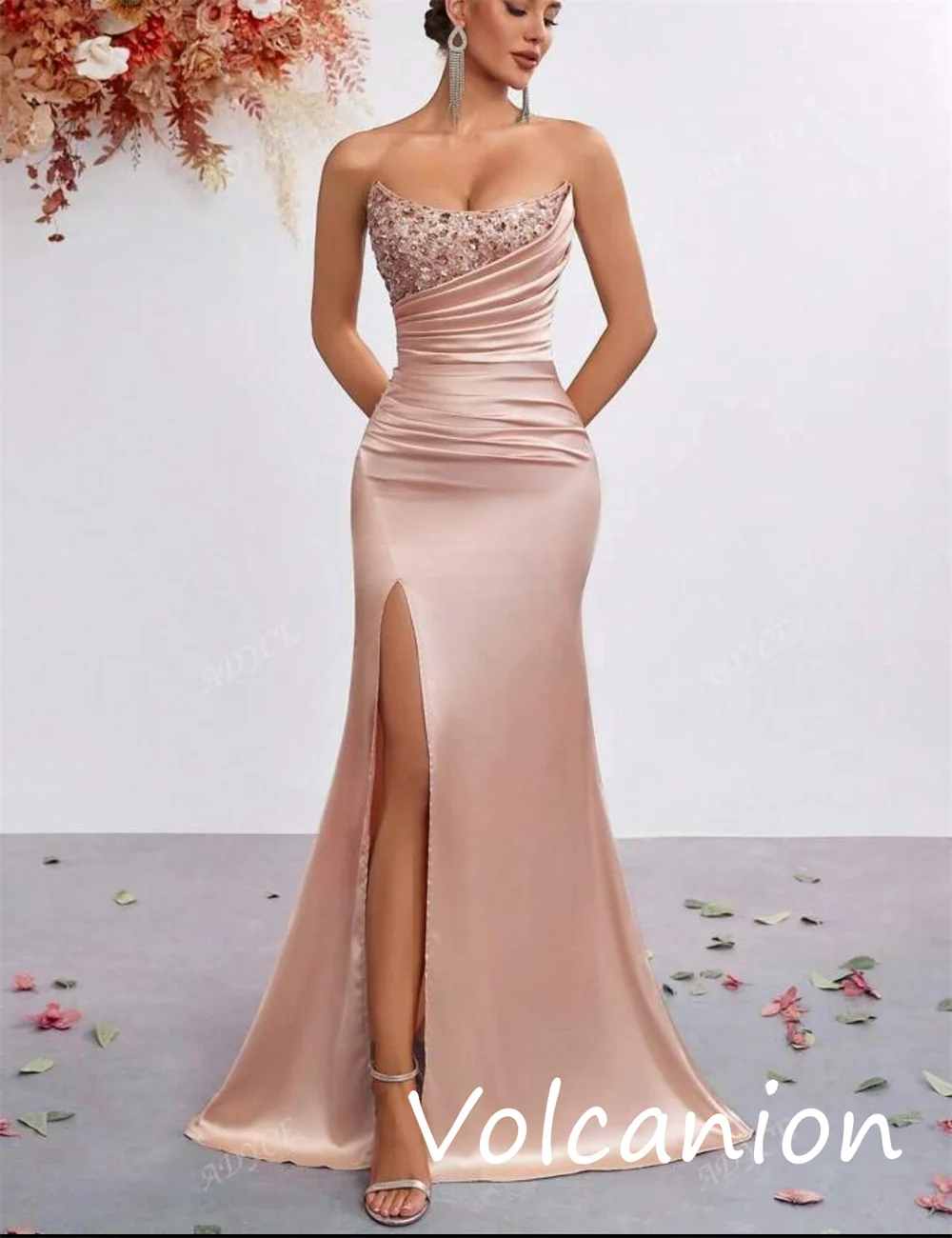 Customized Modern Style Charmeuse Sequined Pleat Trumpet Strapless Long Dresses Bespoke Occasion Sparkle