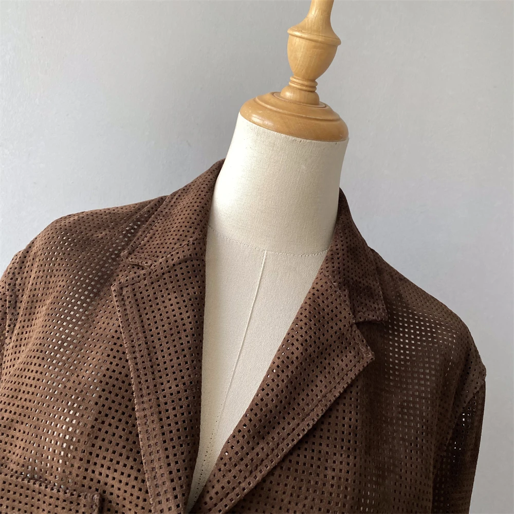 Jaxmonoy 2025, Frühjahr, neue echte Wildlederjacke, Damenmode, ausgehöhlte Echtlederjacke, Damen-Herbst-Ziegenleder-Wildleder-Blazer