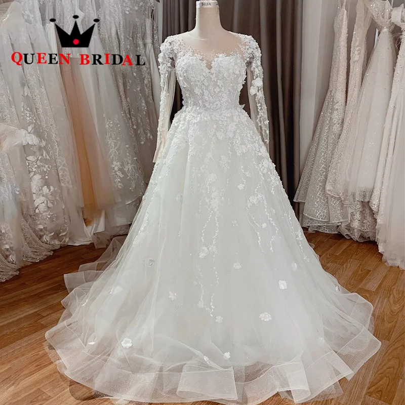 

Long Sleeve Wedding Dresses Appliques Lace Sequined Beading O Neck Elegant Bride Ball Gowns Robe De Mariée Custom Y91X