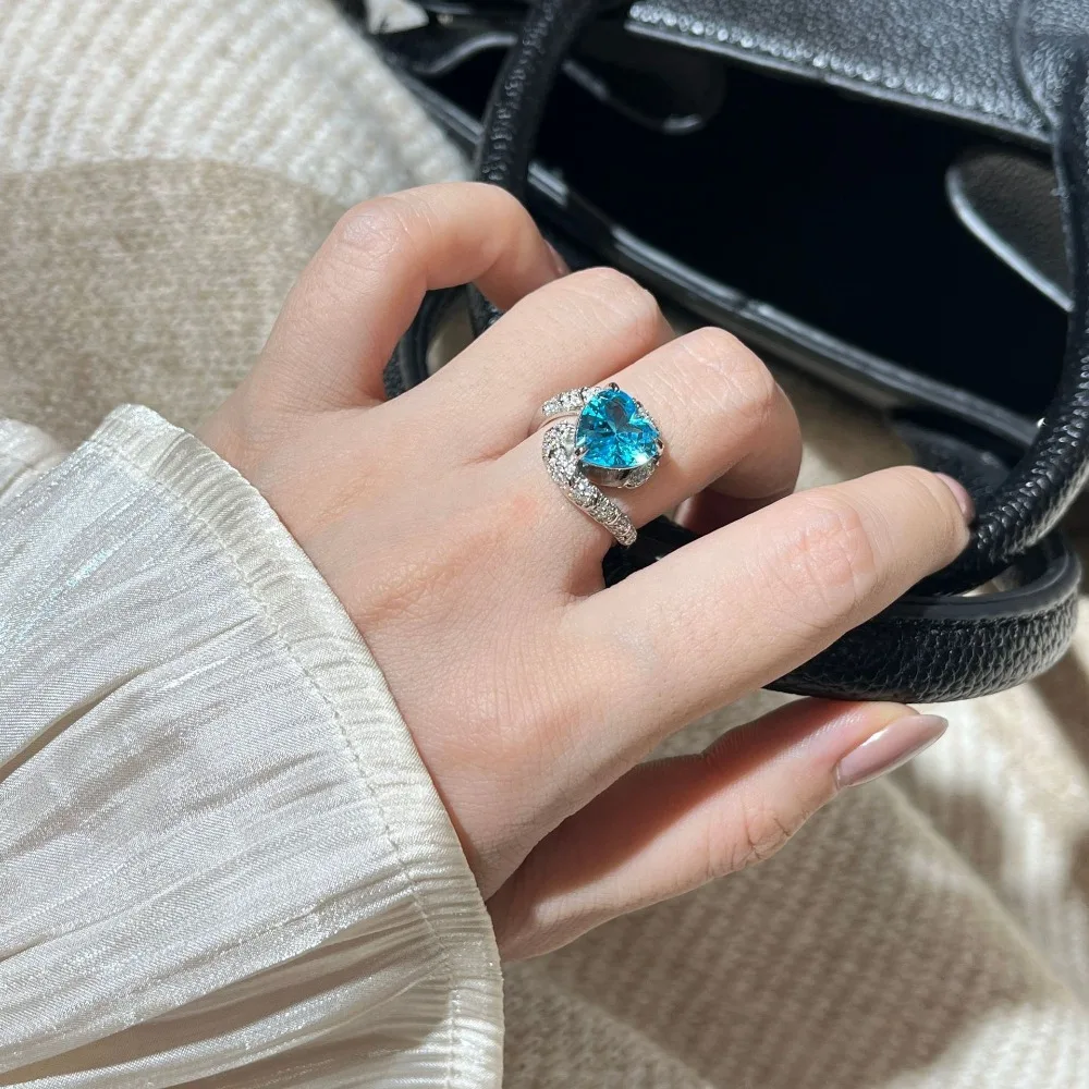 Brillian New Luxury AAAAA Cubic Zirconia Sea Blue Love Ring Fashionable and Versatile Women's Wedding Jewelry Gifts B2769