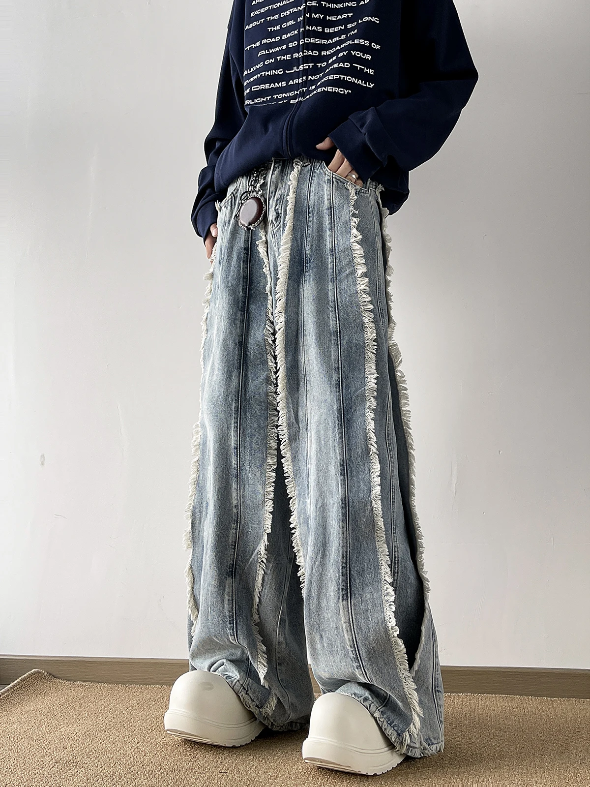 Calças Jeans Retrô com Franjas para Homens e Mulheres, Estilo Solto e Ajustado, Novo Estilo de Verão, Calças Longas para Uso ...