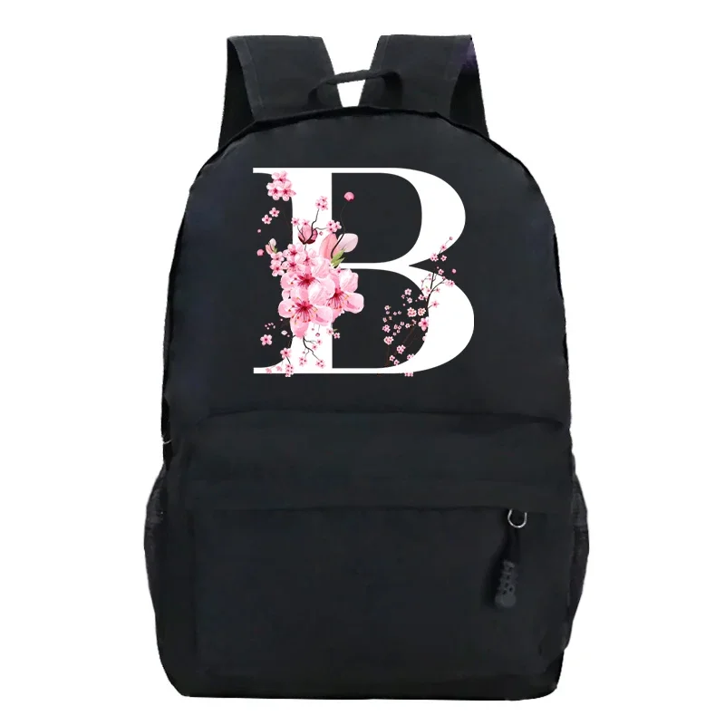 Women Men Harajuku Fashion Shoulders Backpack Sakura Flower A-Z Alphabet Graphic Laptop Bags Knapsack Large Capacity Travel Bag