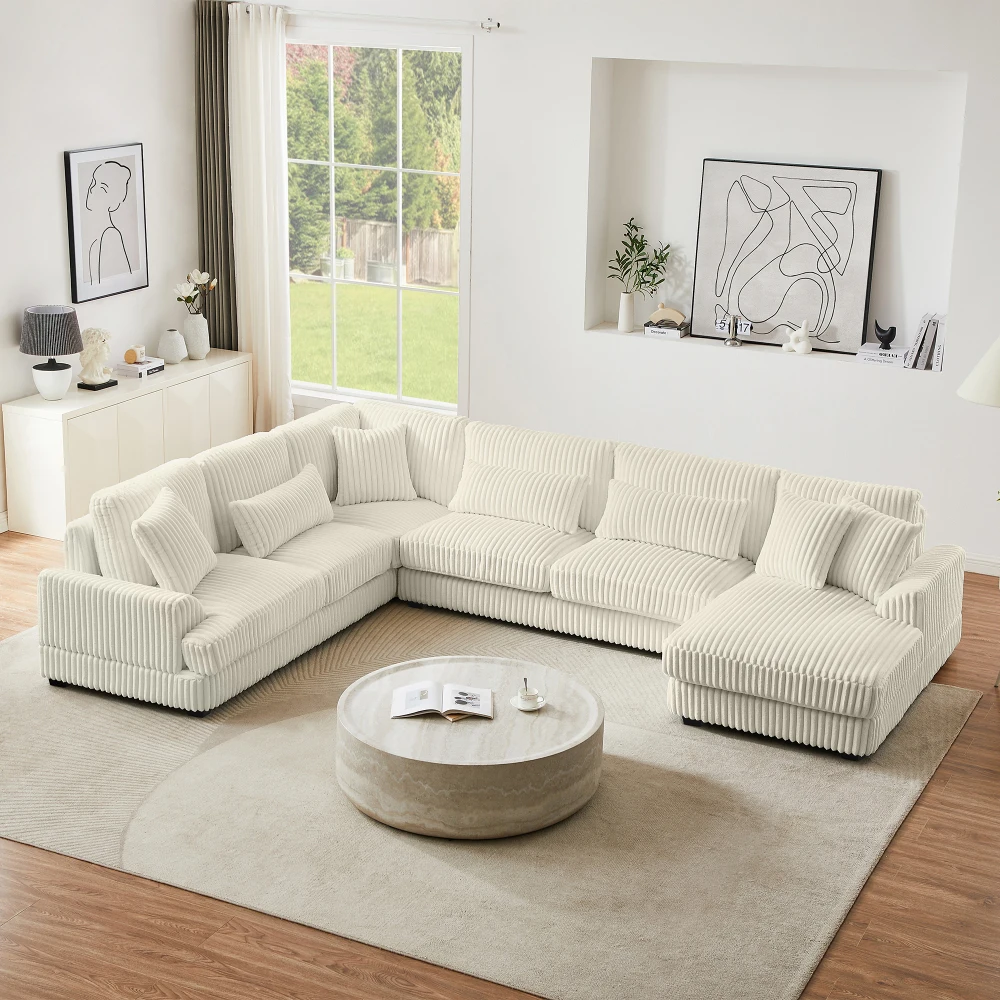 

"129\" Oversized U-shaped Sectional with Chaise - Modern Soft Corduroy, Beige Living Room Sofa"