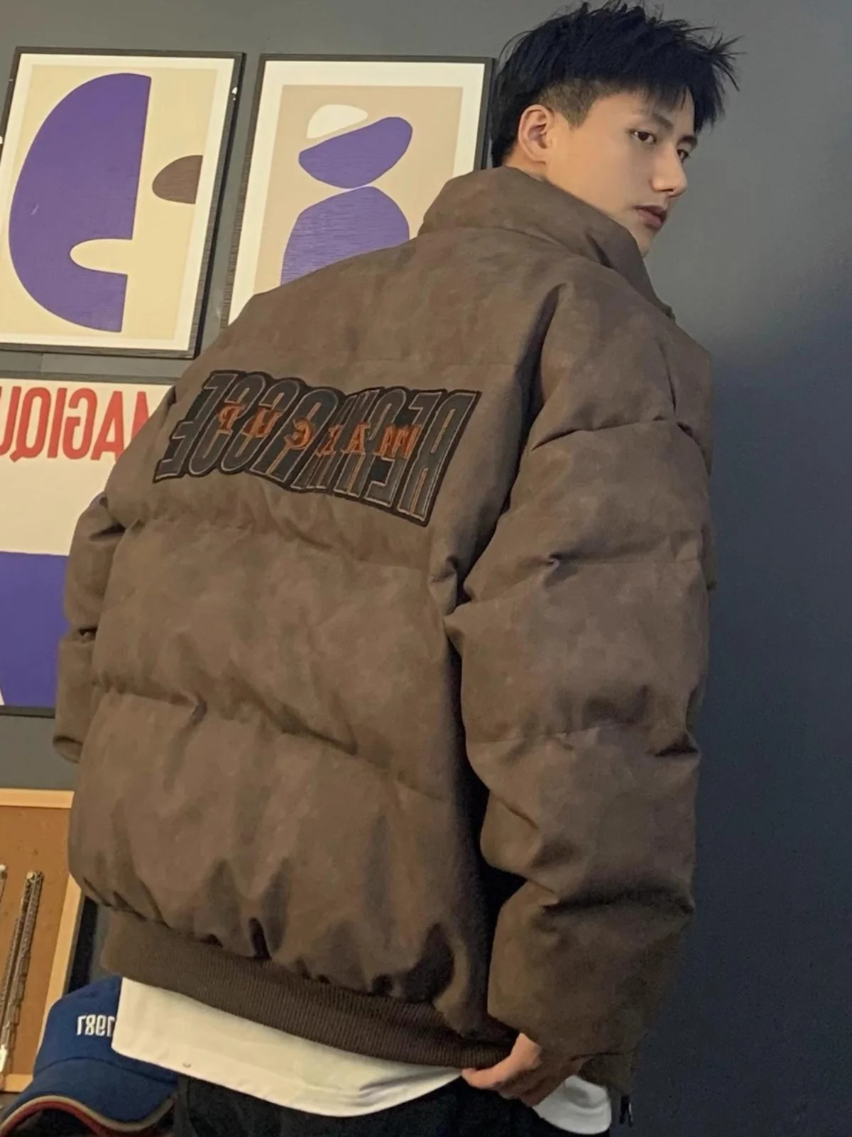 

Мужская зимняя куртка из искусственной кожи в стиле ретро с вышивкой, свободного кроя, в стиле хип-хоп, для пар, уличная одежда