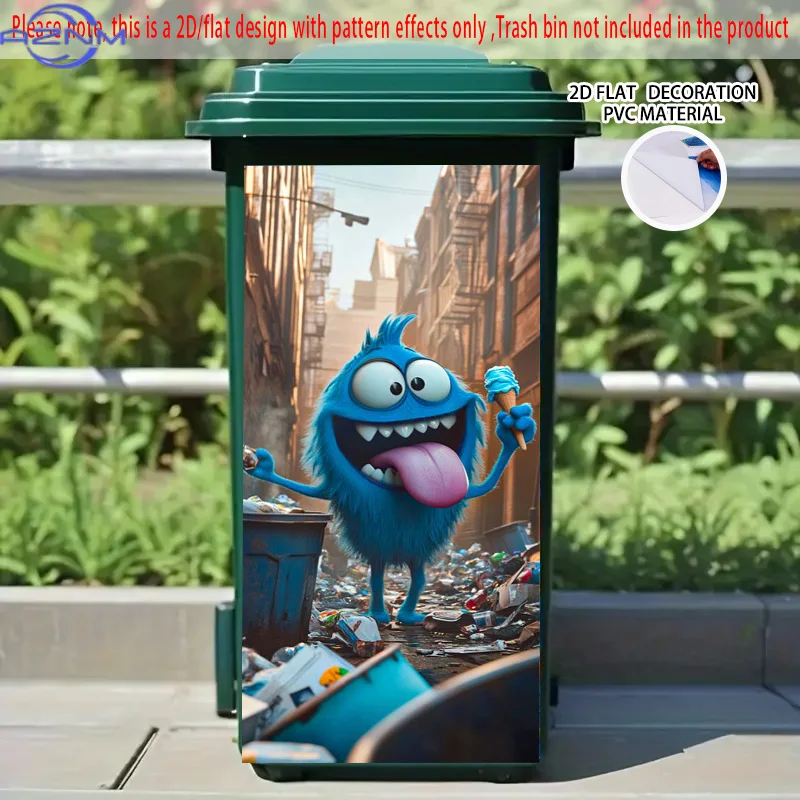 Blue Monster with Ice Cream Self-Adhesive PVC Trash Can Stickers - Playful Decorative Art for Wheelie Bins, City Dump & Back A
