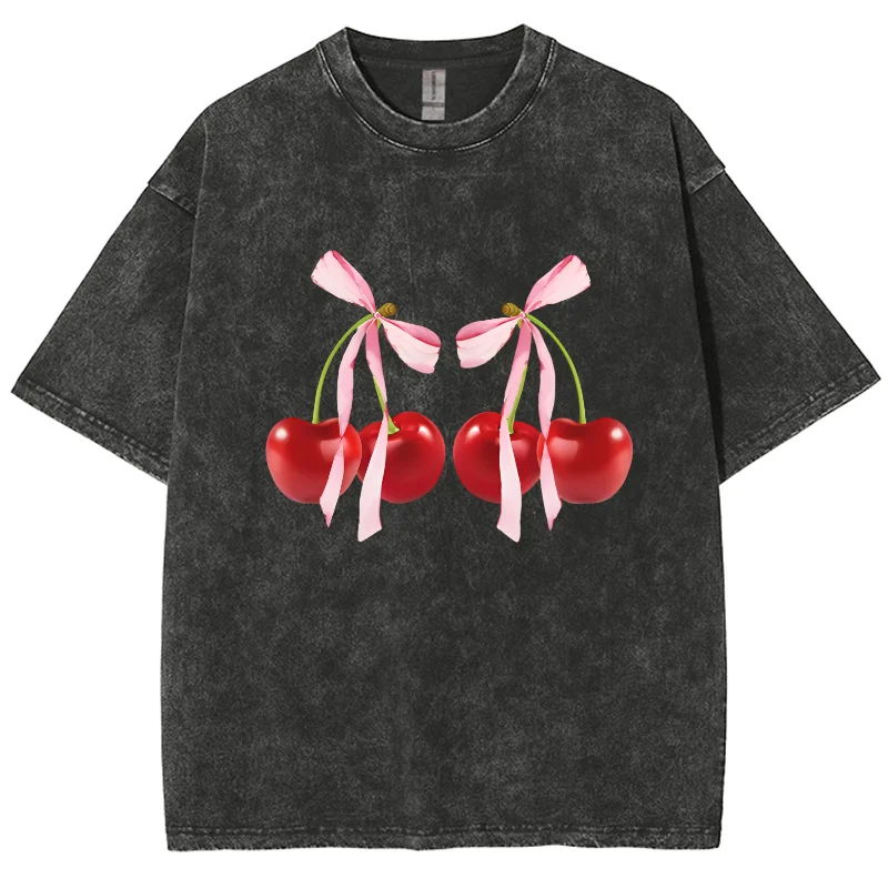 

Sweet Girl Cute Wind Cherry Bow Print Women's T-Shirt Loose Wash Crew Neck Short Sleeve Summer 2024 Comfort Tee