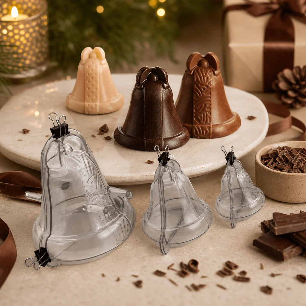 3Pcs Christmas Bell Chocolate Mold Set, Clear Hollow Bell Molds with Clips, Handmade Candy Cake Decor Baking Tool for Xmas Party