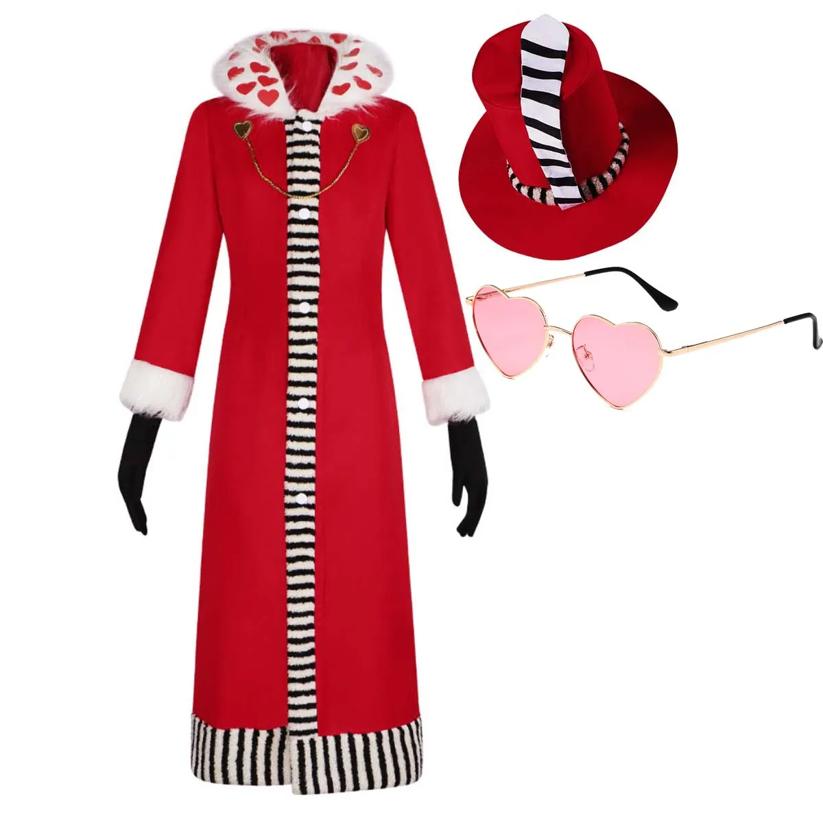 

Adult Halloween Anime Hotel Valentino Cosplay Red Long Coat Cloak Hat Gloves Glasses Costume