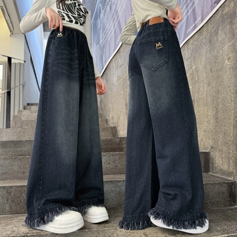 

Children y2k Vintage Baggy Jeans With Raw Hem For Teenage Girls High Waist Wide Leg Distressed Washed Casual Denim Pants Kids
